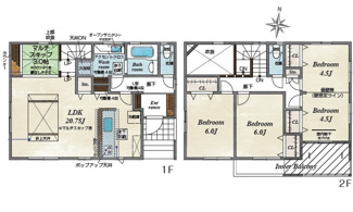 【間取り】 | 呉市焼山東2丁目　限定1棟【71坪】【P3台可】 | 20.75帖リビング☆2階3部屋☆ファミリータイプ3LDK☆各居室に収納☆南向きの間取り