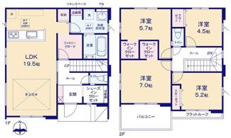 【間取り】 | 佐伯区利松3丁目　全2区画　NO1【50坪】 | 【NO1・4LDK】19.5帖リビング☆２階4室☆ファミリータイプ4LDK☆クローゼット☆ウォークインクローゼット☆シューズインクローゼット☆ファミリークローク☆南向きバルコニー