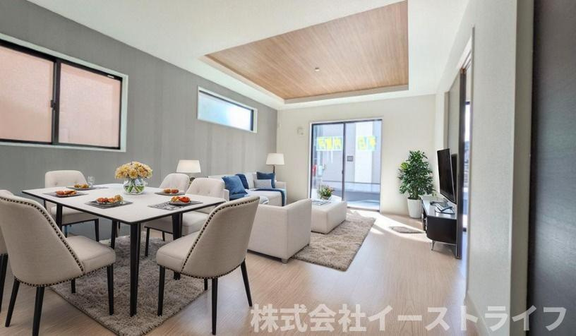 【新築戸建】　いわき市平中神谷1期　全4棟のダイニング|1号棟のダイニングに家具を配置したイメージ画像です
※本画像はCGで作成しており、実際に現地に 家具は置かれておりません。また、価格に 家具は含まれておりません。