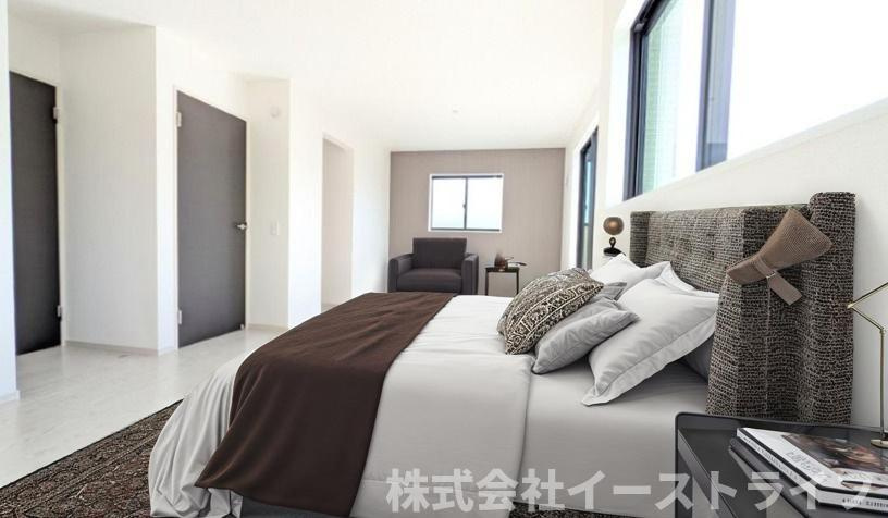 【新築戸建】　いわき市平中神谷1期　全4棟の寝室|1号棟の寝室に家具を配置したイメージ画像です
※本画像はCGで作成しており、実際に現地に 家具は置かれておりません。また、価格に 家具は含まれておりません。