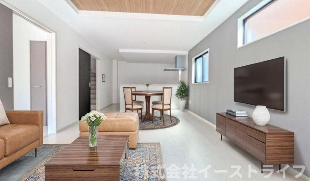 【新築戸建】　いわき市平中神谷1期　全4棟の居間・リビング|1号棟のリビングダイニングに家具を配置したイメージ画像です
※本画像はCGで作成しており、実際に現地に 家具は置かれておりません。また、価格に 家具は含まれておりません。