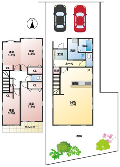 【間取り】 | 岐阜市八ツ梅町新築建売全2棟！明郷小学校・中央中学校区！お車並列2台可能！お庭付きです♪ | 岐阜市八ツ梅町新築建売全2棟！明郷小学校・中央中学校区！お車並列2台可能！お庭付きです♪