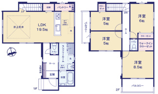 【間取り】 | 安佐南区川内1（中筋駅）全2区画　NO1 | 19.5帖リビング☆２階4室☆ファミリータイプ4LDK☆クローゼット☆ウォークインクローゼットスタディスペース