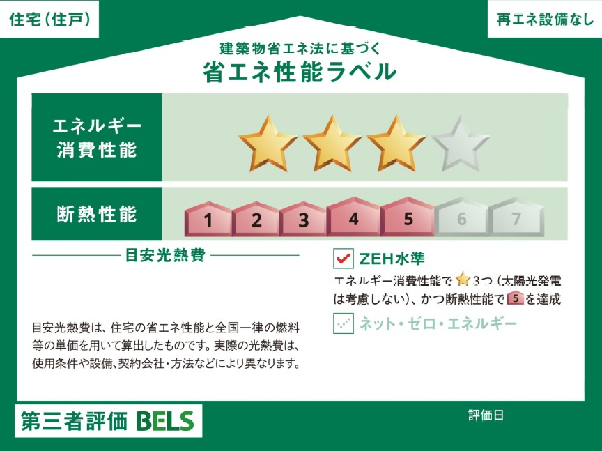 【新築戸建】札幌市東区北19条東10丁目5棟の省エネ性能ラベル|「BELS」評価による省エネ性能にてエネルギー消費性能で☆3つ(削減率20％達成）かつ断熱性能5によりZEH水準となっています。