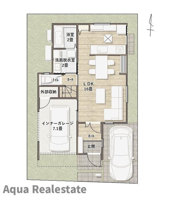 高松市扇町　インナーガレージ＋趣味を楽しむ書斎のあるお家の区画図