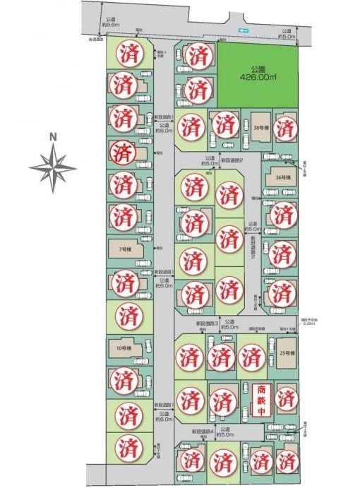 【Blooming Garden】花小金井前沢２期　全42棟の区画図|開発総面積7000㎡超・全42邸の大型開発分譲住宅です。近隣にイオンモール東久留米や都立六仙公園と休日も満喫できる住環境です。