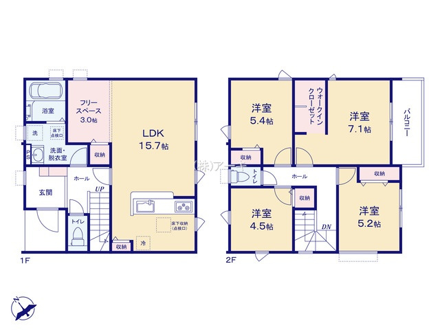 碧南市岬町四丁目5番『仲介手数料無料』新築戸建ての間取り|　1号棟　1F:LDK15.7帖に隣接するフリースペース3帖　CL設置はお子様の遊び場・奥様の家事室に便利です♪2F:主寝室7.1帖　WIC設置！洋室5.4帖・洋室5.2帖・洋室4.5帖　CL設置♪