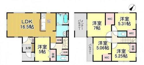 半田市板山町2丁目　全3棟　2号棟の間取り|2号棟　5LDK+3WIC♪