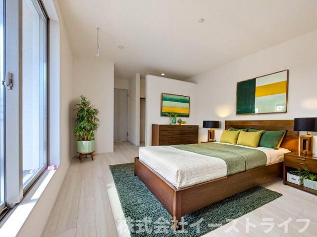 【新築戸建】　いわき市平下平窪2期　全5棟　長期優良住宅の寝室|1号棟の寝室に家具を配置したイメージ画像です
※本画像はCGで作成しており、実際に現地に 家具は置かれておりません。また、価格に 家具は含まれておりません。