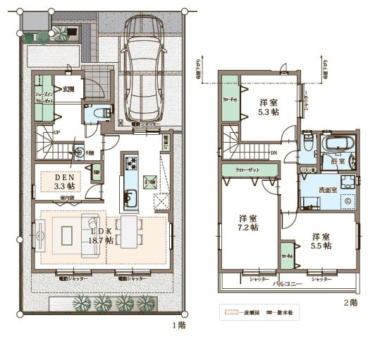 練馬区大泉学園町1丁目　太陽光×防犯仕様　ZEH水準住宅の間取り|1号棟　3LDK+S　土地面積104.85m2　建物面積99.16m2