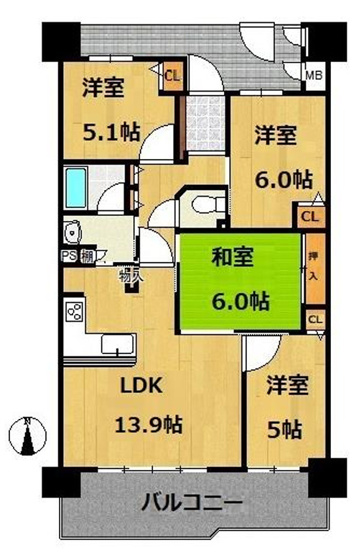 【間取り】 | コートヴィラージュ平野 | 【最上階！室内リフォーム済み☆南向きバルコニー☆玄関専用ポーチ・トランクルーム付きです♪】