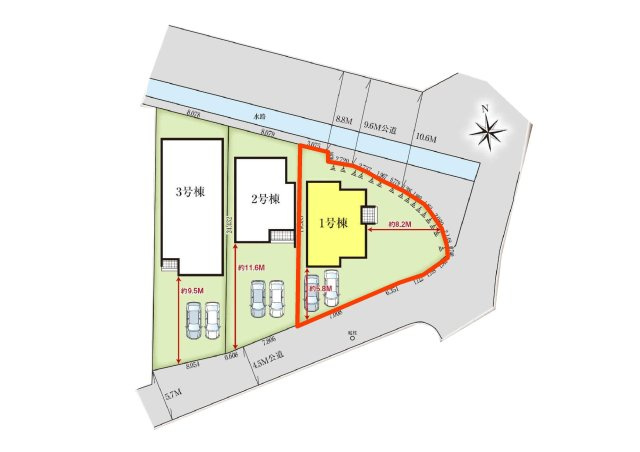 新築　高崎市下中居町2期　GRAFARE　１号棟の区画図|1号棟　区画図　南側接道幅員約4.5ｍ　北側接道幅員約8.8ｍ

