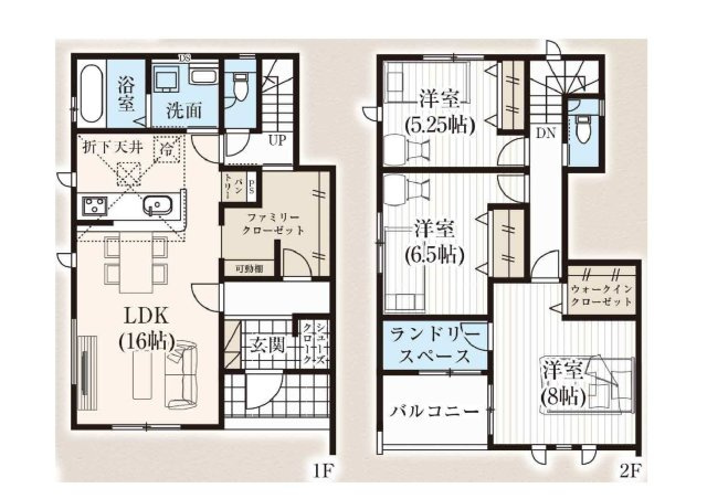 新築　高崎市下中居町2期　GRAFARE　2号棟の間取り|建物面積104.74㎡　シューズインクローク・ファミリークローク・ランドリースペース・ウォークインクローゼット・各部屋収納付き！日当たりの良いバルコニーはお洗濯物もよく乾きそうです◎
						
