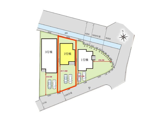 新築　高崎市下中居町2期　GRAFARE　2号棟の区画図|2号棟　区画図　南側接道幅員約4.5ｍ　北側接道幅員約8.8ｍ

