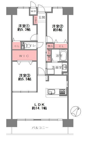 【間取り】 | ファミールハイツ八尾B棟 | 【南東向き3LDK】室内水廻り設備新調を含む全面リフォーム済み☆エアコン2台付き☆食洗機＆浄水器・浴室乾燥機・TVモニターホン完備☆安心の新調設備保証付き☆レースカーテン付き☆WICあります♪
