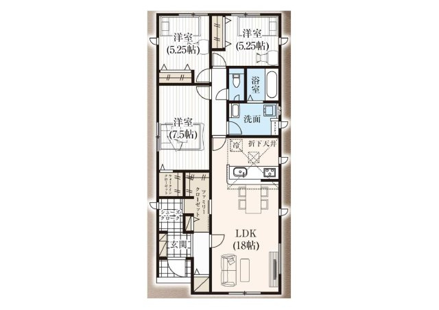 新築　高崎市下中居町2期　GRAFARE　3号棟の間取り|建物面積189.43㎡　広々18帖のLDKの平屋のお家♪シューズインクローク・ファミリークローク・ウォークインクローゼット・各部屋収納付きで便利です！