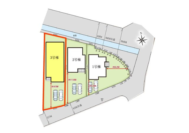 新築　高崎市下中居町2期　GRAFARE　3号棟の区画図|3号棟　区画図　南側接道幅員約4.5ｍ　北側接道幅員約8.8ｍ

