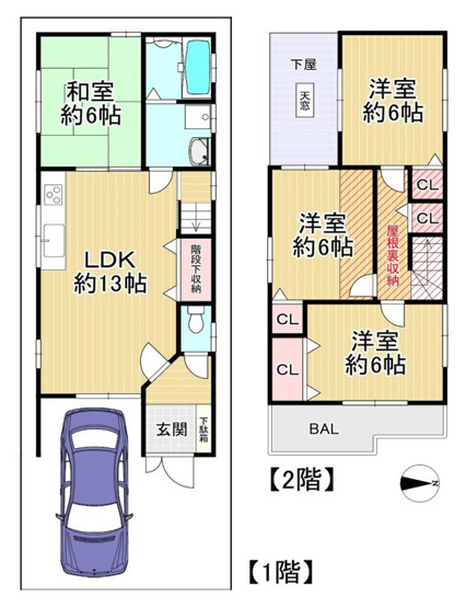 【間取り】 | 東大阪市荒川1丁目 | 2階建【4LDK＋駐車スペース】全居室6帖あり♪屋根裏収納付きです♪