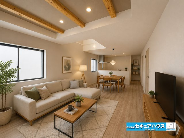 【本日ご案内可能】刈谷市井ケ谷町　全2棟の居間・リビング|【リビングに家具を配置したイメージ図　1号棟】
◆お洒落なリビングはシンプルな色で配色されているため家具が選びやすく、21帖の広さがあるためダイニングテーブルや大きなソファを置くことができます。　　　