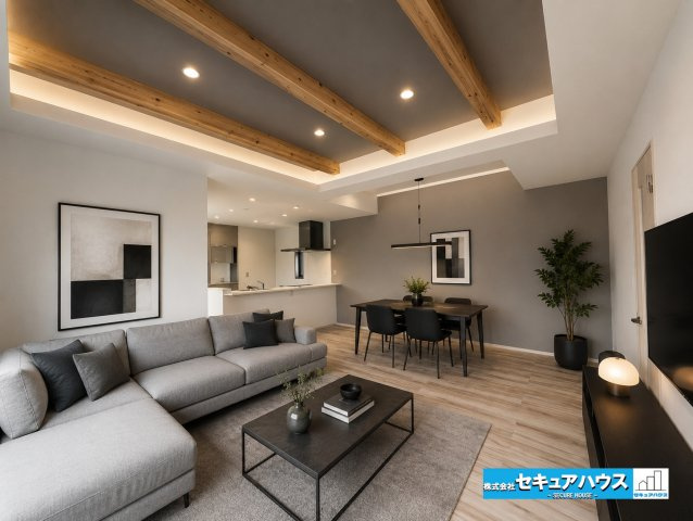 【本日ご案内可能】刈谷市井ケ谷町　全2棟の居間・リビング|【リビングに家具を配置したイメージ図　2号棟】
◆お洒落なリビングはシンプルな色で配色されているため家具が選びやすいです。
◆20帖リビングにはダイニングテーブルや大きなソファを置くことができます。　