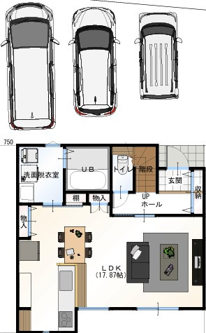高知市介良乙 （建築条件付き）売土地の参考プラン|駐車3台可能。来客時や将来の車増加にも対応。水回りをまとめた間取りで、毎日の家事動線もスムーズ