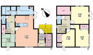 【間取り】 | 廿日市市佐方３（山陽女学園前） | 16帖リビング☆2階3室☆ファミリータイプ4LDK☆クローゼット☆ウォークインクローゼット☆シューズインクローゼットがあり収納豊富です！