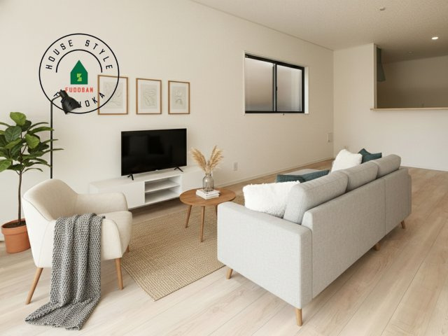 福岡市南区長住7丁目第9-2棟（2号棟）の内観：施工例|明るく開放的なリビングダイニングは豊かな陽光が注ぎ込み、やすらぎの空間を演出してくれます。ご家族で楽しいひとときをお過ごし下さい。※家具はCGを合成したものです。