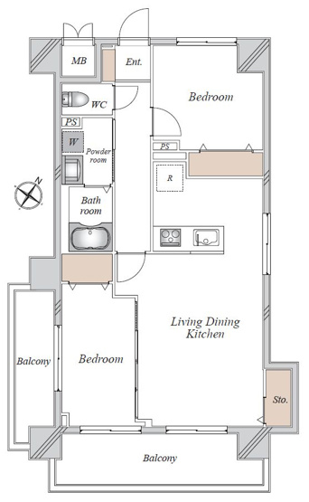 【間取り】 | シティマンション薬院 | 3階角部屋56平米■2LDK二面バルコニー■風通し陽当たり良好◎