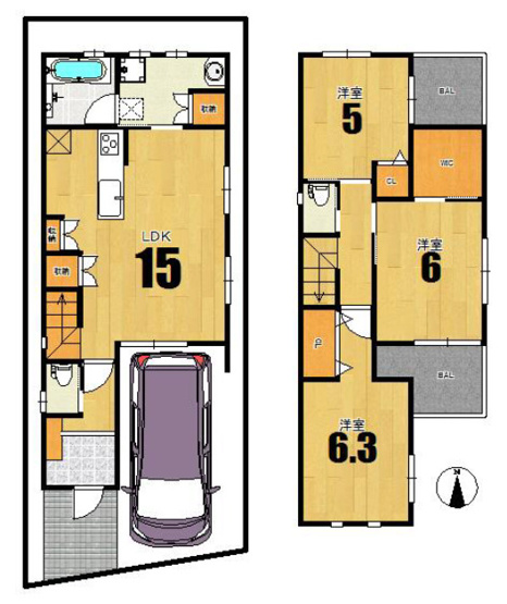 【間取り】 | 東大阪市稲田本町2丁目 | 2階建て♪【全洋室3LDK＋両面バルコニー☆】室内クロス貼替え済み☆食洗機・浴室乾燥機・TVモニターホン完備☆カウンターキッチン♪カップボード付き♪ウォークインクローゼットあります♪