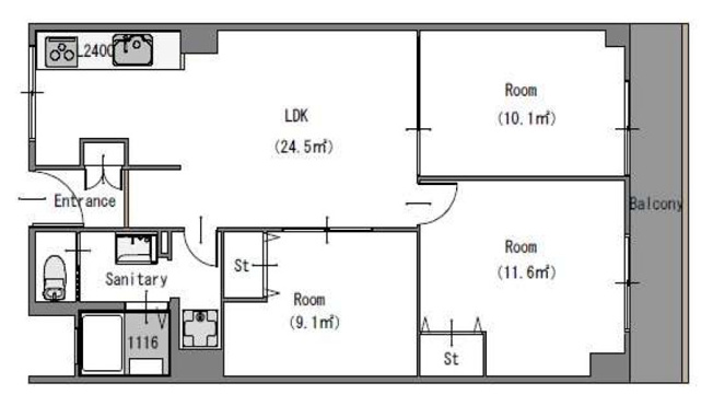 【間取り】 | メガロコープ平野1号棟 | 【3LDK＋南向きバルコニー☆】室内水廻り設備新調を含む、全面リフォーム済み☆バス追炊機能・TVモニターホン完備☆全居室エアコン設置可能☆廊下に専用物置付き♪住戸前までゴミ回収あります♪