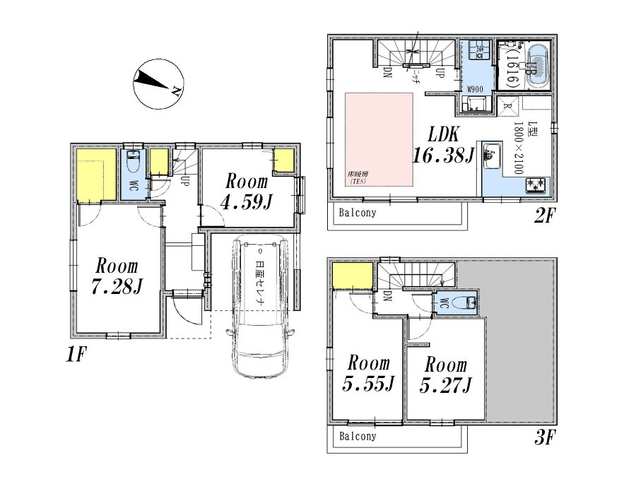 練馬区北町5丁目　制震×太陽光　車庫付き戸建　限定1棟の間取り|4LDK+WIC　土地面積68.01m2　建物面積95.57m2