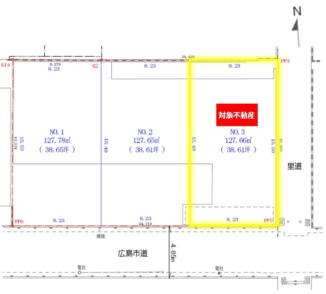 宇品神田2丁目　土地（No.3）の区画図|南向きで陽当たりと風通しのよい立地です。建築条件はありません。お好きなメーカーで建物を建築可能です。