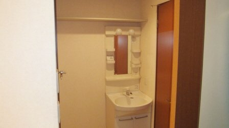 シェリエールＢの洗面所|洗面所の上に収納スペースあります。