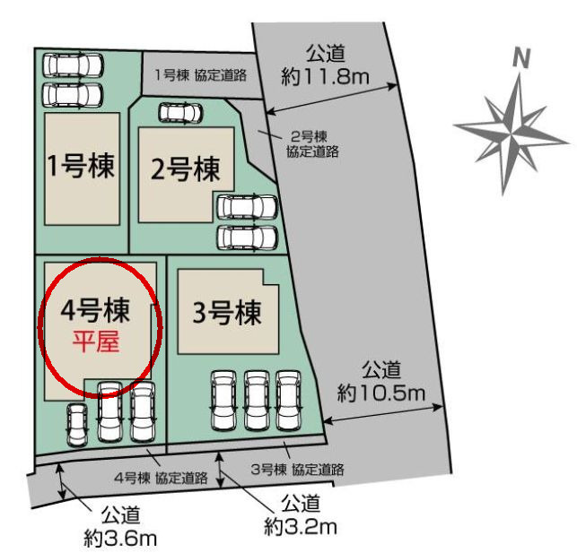 ブルーミングガーデン前橋市北代田町　4号棟（平屋）の区画図|駐車場３台ご用意しています！来客時も重宝します♪
前面道路も広く車の出し入れもしやすいです！