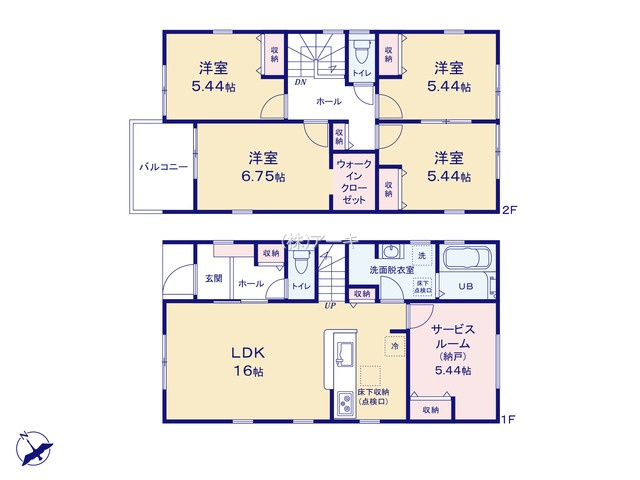 高浜市呉竹町7丁目3-45、3-53『仲介手数料無料』新築戸建ての間取り|　1号棟　1F:LDK16帖！キッチン収納♪ストレージルーム5.44帖　CL設置♪ホール収納♪2F:主寝室6.75帖　WIC設置！洋室5.44帖・洋室5.44帖・洋室5.44帖　CL設置♪ホール収納♪