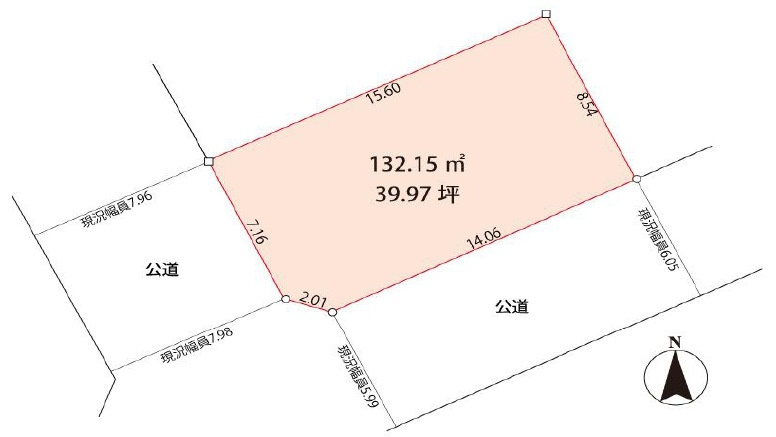 敷地面積39.9坪　売地　川越市稲荷町の土地図|区画図　敷地面積39.9坪、整形地！南西南東角地！建築条件なし！お好きなハウスメーカーで建築可能です♪