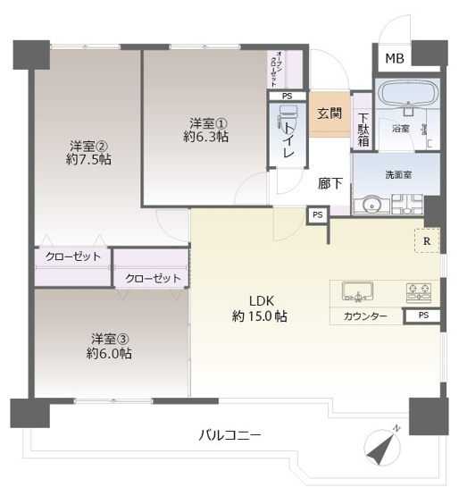 【間取り】 | シティハイツ二日市 | 12月にリフォーム完了しています。全居室6帖以上ある広々とした3LDKです