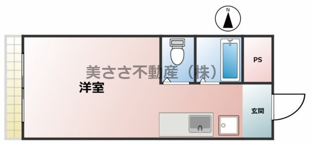 【間取り】 | カリフォルニアリバー | 洋室６帖、　室内洗濯機置場、広めのキッチン、ユニットバス