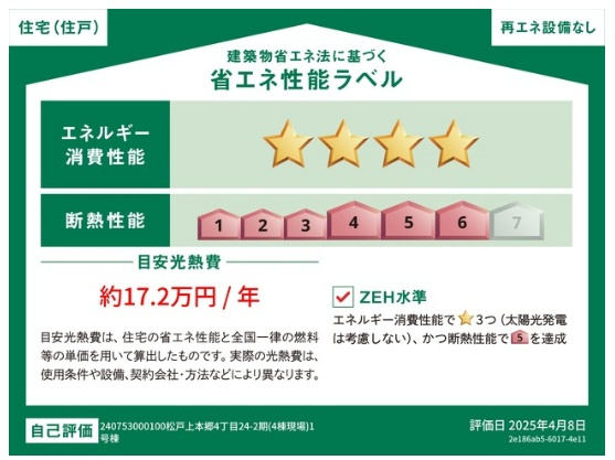松戸市上本郷新築戸建【上本郷小学校：10分】の省エネ性能ラベル|省エネ性能ラベル・ZEH水準