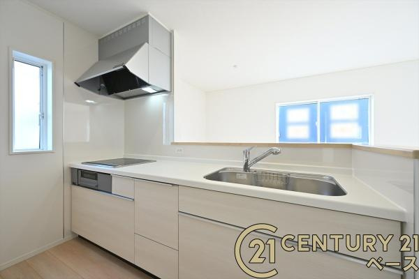 クレイドルガーデン下永 ２号棟 ／新築一戸建のキッチン|■現地撮影写真■収納力と使いやすさを追求したシステムキッチンです！食洗機付きで毎日の洗い物も楽々！