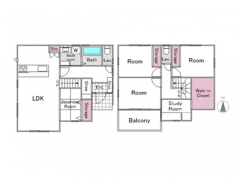 松山市空港通二丁目の間取り|家族のコミュニケーションを育む3LDK。リビング階段や、プライバシーを確保した2階の居室など、それぞれの時間を大切にしながらも家族の繋がりを感じられる、暮らし心地を考え抜かれた使いやすい配置。