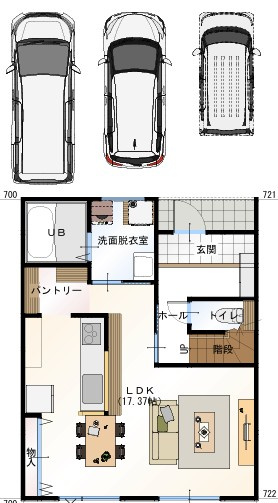 高知市南万々B号地（建築条件付き）売土地の参考プラン|家事がラクになる回遊動線。17.3帖LDK＋パントリーのある住まい