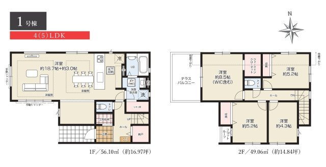 松戸市上本郷新築戸建【上本郷第二小学校：5分】の間取り|1号棟：4LDK