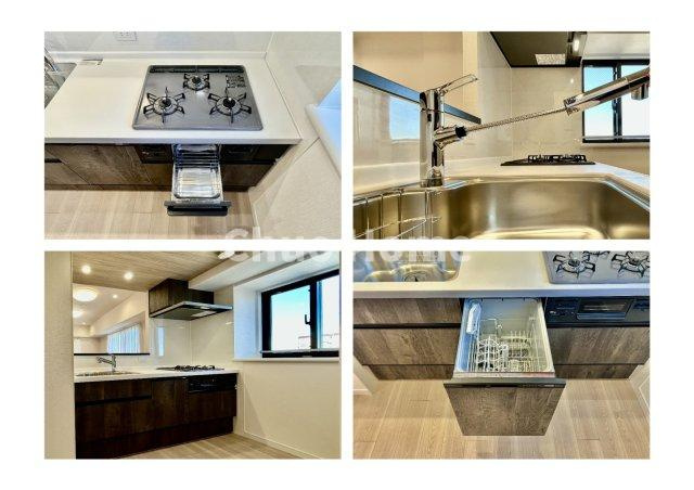 ラベルティ小岩のキッチン|【システムキッチン】ワイドで収納豊富な使い勝手の良いカウンターキッチンには、食洗器や伸縮タイプのキッチン水栓、三ツ口コンロ・魚焼きグリルなどの便利な設備が標準完備されています。