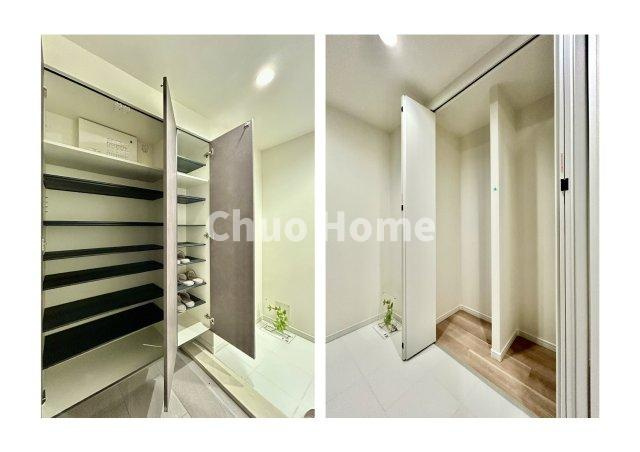 サンクタス南葛西の玄関|【玄関】玄関には大型のシューズクローゼットを設置しておりますのでいつでもスッキリりとした空間を保てます。玄関周りを清潔に使うのはとても大事なことですよね。