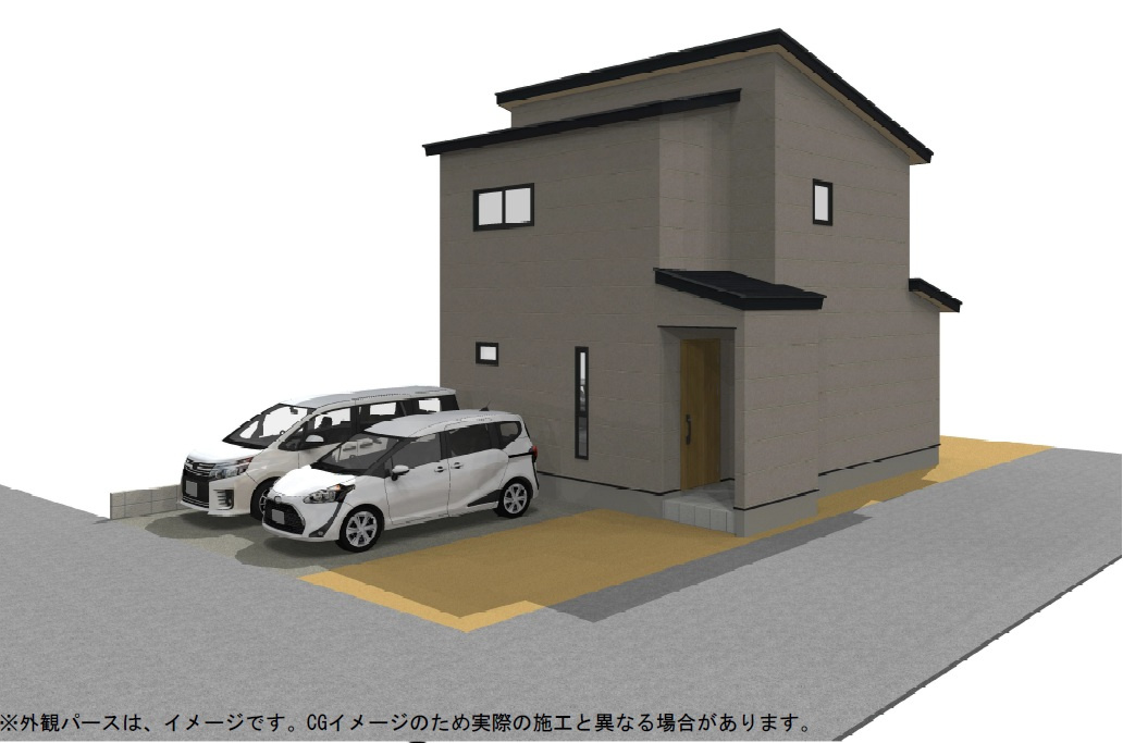 南万々　建築条件付き　売土地　A号地（全4区画）の外観パース|Ａ号地　プラン例　建物価格　2,189.7663万円　建物面積　86.53㎡（約26.17坪）