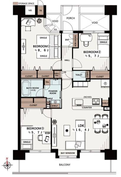 タウンズ八王子イーストウィングの間取り|～南向き3LDK　陽当たり良好、収納豊富な間取りです～