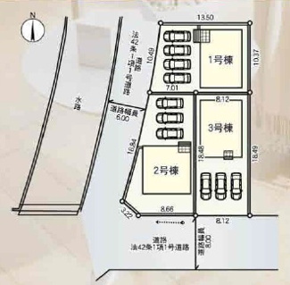 【区画図】 | 岐阜市六条大溝新築建売全3棟！お車並列3台可能！国道21号線近くアクセス良好！インナーバルコニー | 岐阜市六条大溝新築建売全3棟！お車並列3台可能！国道21号線近くアクセス良好！インナーバルコニーのあるお家！