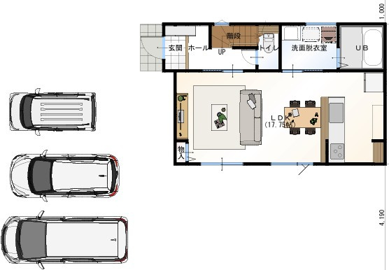 高知市南万々C号地（建築条件付き）売土地の参考プラン|17.75帖のゆったりLDKを中心に、水回りをまとめた家事ラク動線