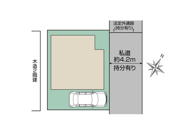 【区画図】 | 志木市下宗岡4丁目　新築一戸建住宅　全1棟　(志木本店) | 4.2ｍ道路に面した開放的な整形地。
南東側がカースペースになっているので陽当たりも良好です。
